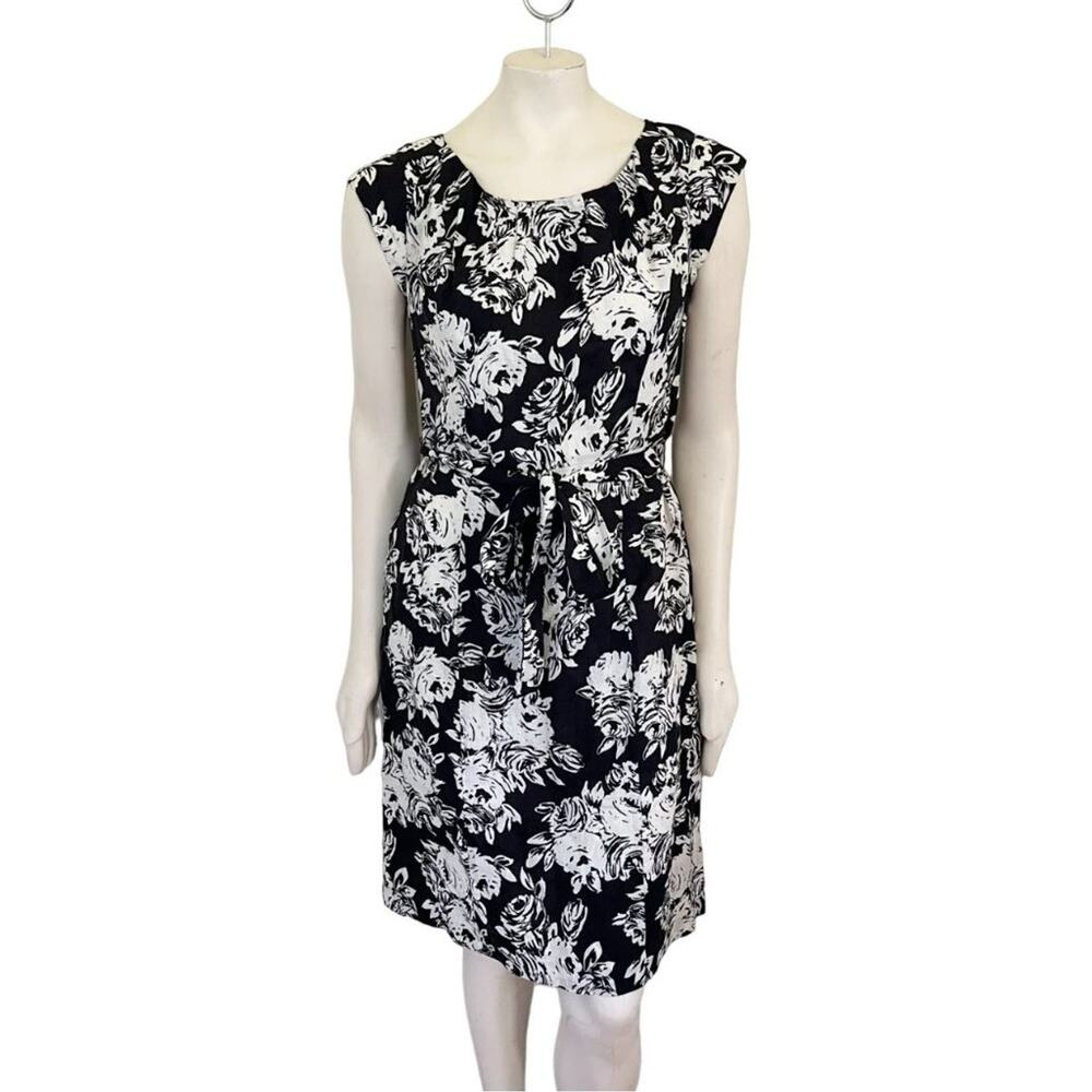NEW LANDS' END 100% Linen Floral Dress in Black & White  SZ 4